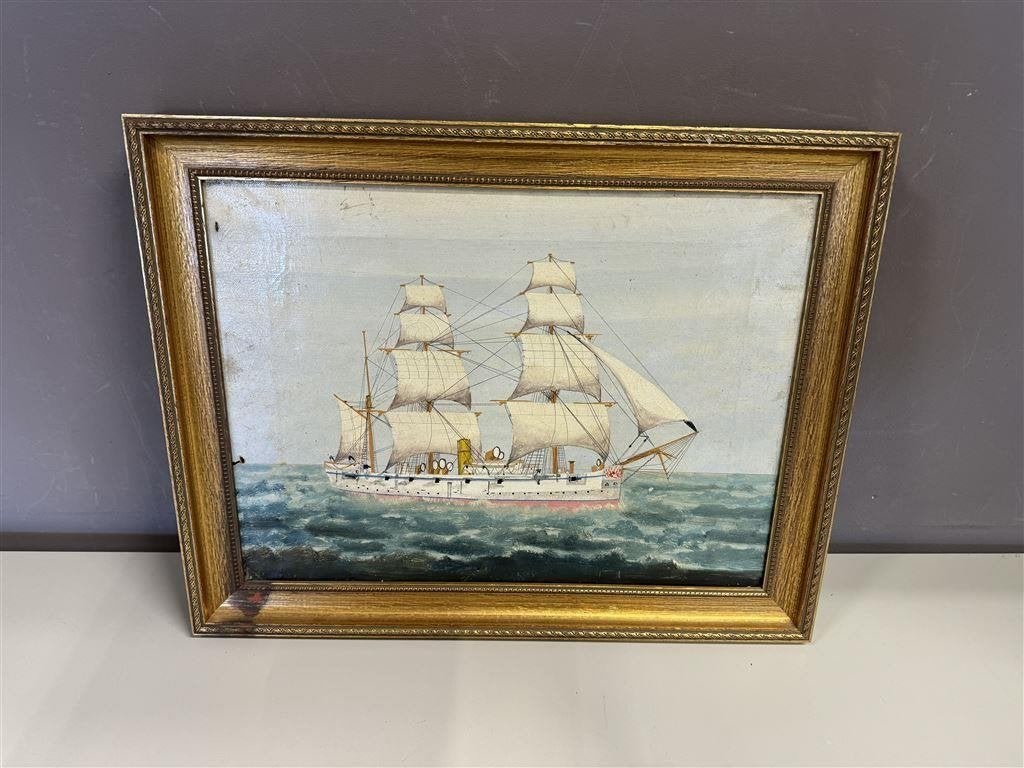 Antiek olie schilderij - H.M.S. Caroline - James Fox - Galwa, Antiek en Kunst, Ophalen of Verzenden