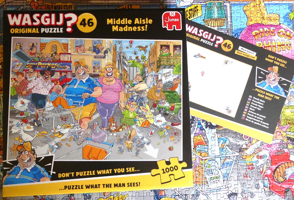 Puzzel Jumbo Wasgij ?  - Middle aisle madness ! - 1000 st., Ophalen of Verzenden, 500 t/m 1500 stukjes, Zo goed als nieuw, Legpuzzel