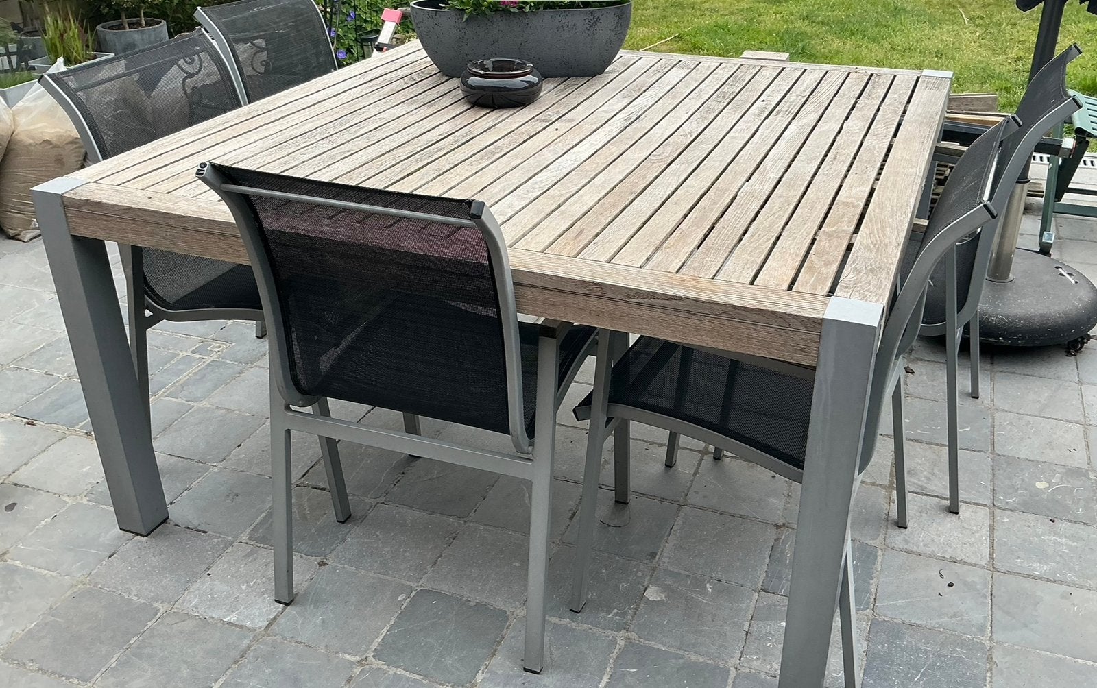 Teak tuintafel met 5 stoelen, Jardin & Terrasse, Ensembles de jardin, Salons de jardin, Utilisé, Chaise, 5 places
