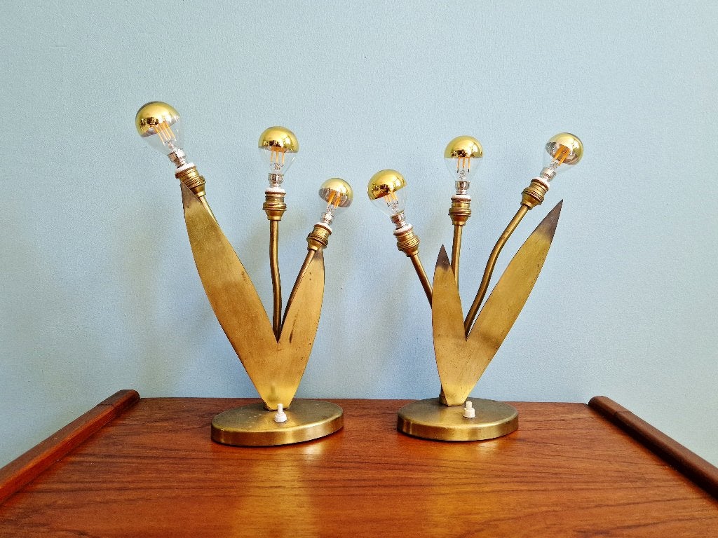 Paire de lampes florales en laiton, Mid-century, 1950, Enlèvement ou Envoi