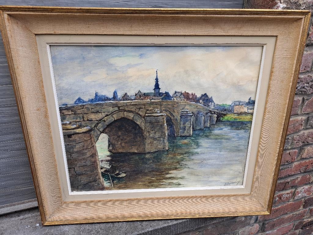 Aquarelle pont jambres signe albert dandoy, Antiek en Kunst, Kunst | Schilderijen | Klassiek, Ophalen of Verzenden