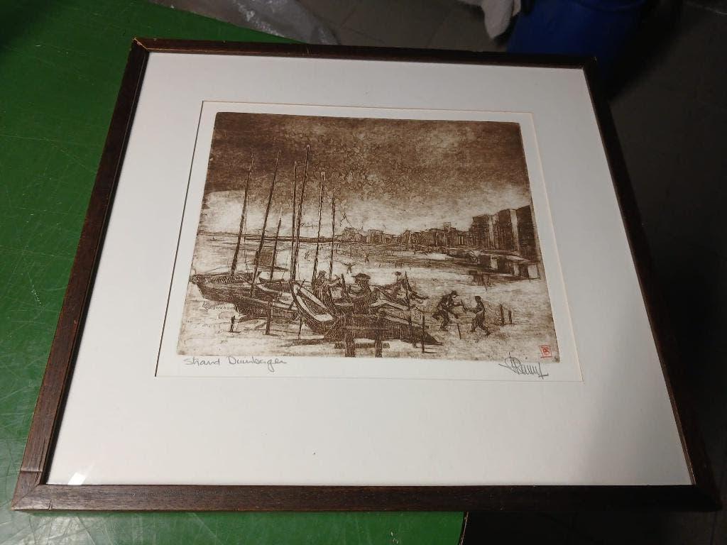 gesigneerde ets Strand Duinbergen Knokke, Enlèvement ou Envoi, Eau-forte, Encadré