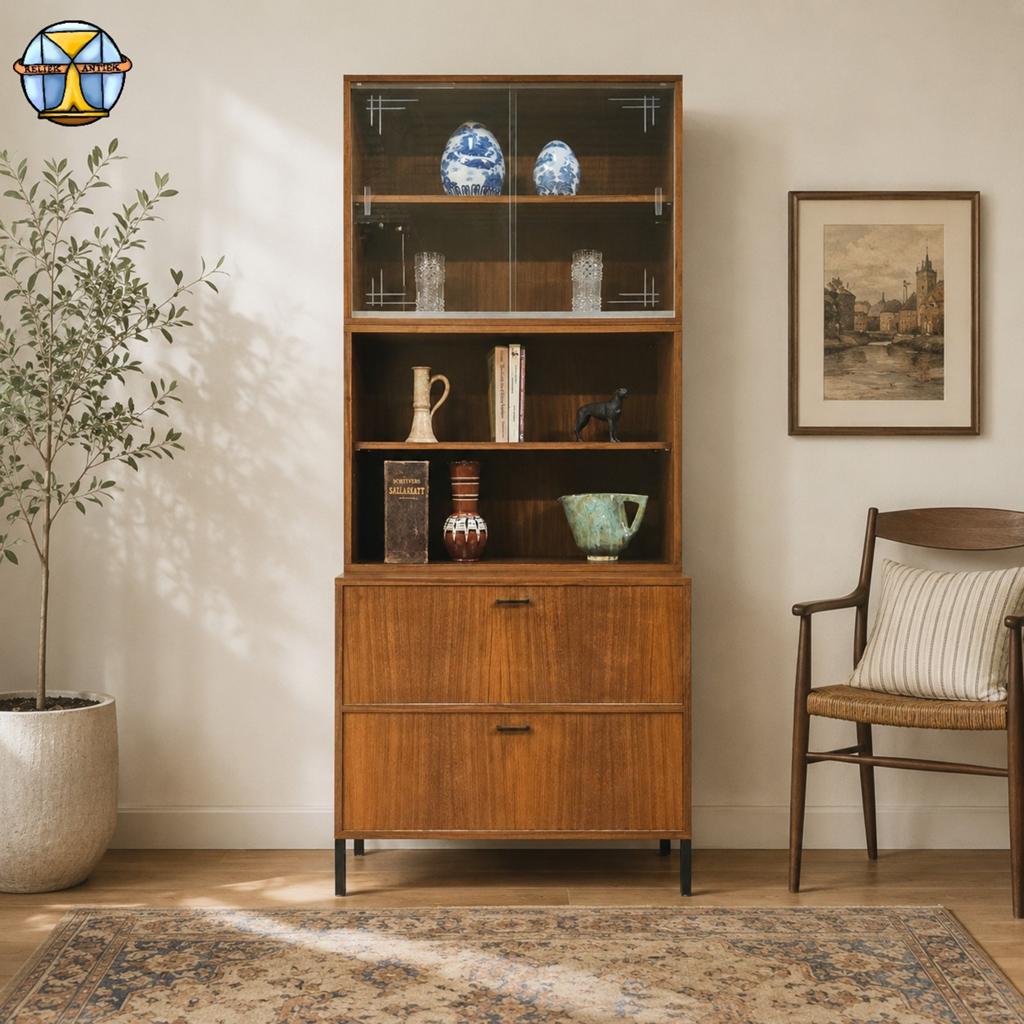Vintage 60s Teak Boekenkast  drankkast (vitrinekast) 3 delen, Huis en Inrichting, Ophalen of Verzenden