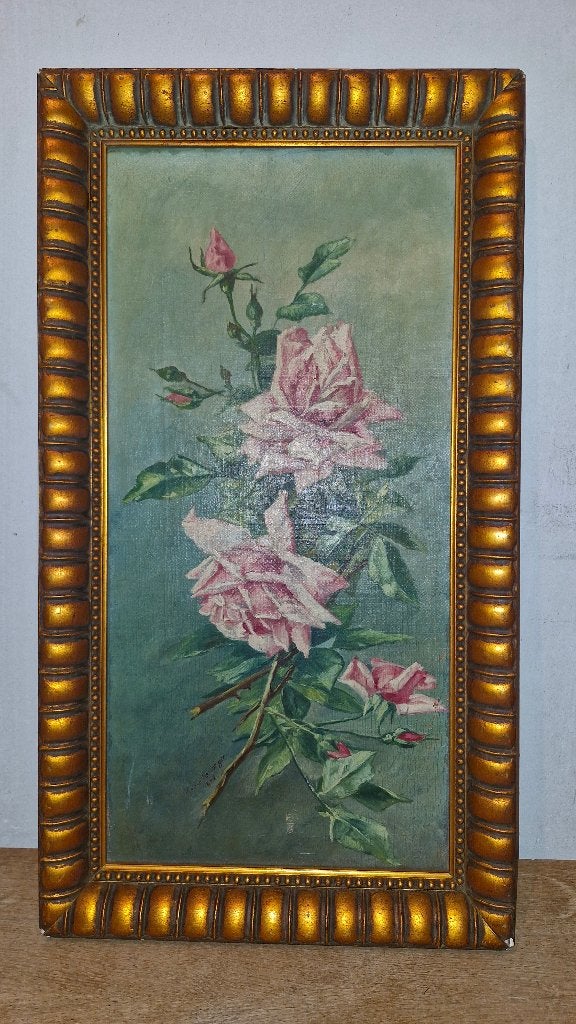 Bouquet de roses (HST) Art nouveau et cadre d'époque, Enlèvement ou Envoi, Peinture à l'huile, Autres styles, Cadre spécial