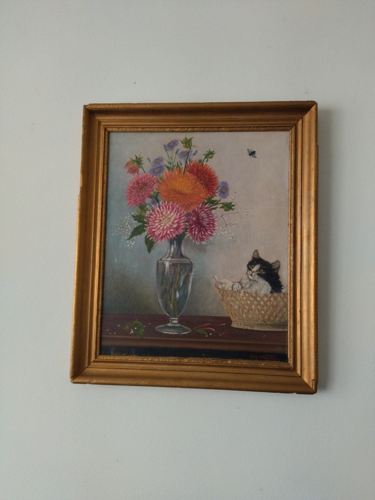 Ancienne peinture sur panneau - Chaton et Fleurs Signé Léo, Enlèvement ou Envoi, Peinture à l'huile, Panneau, Signé