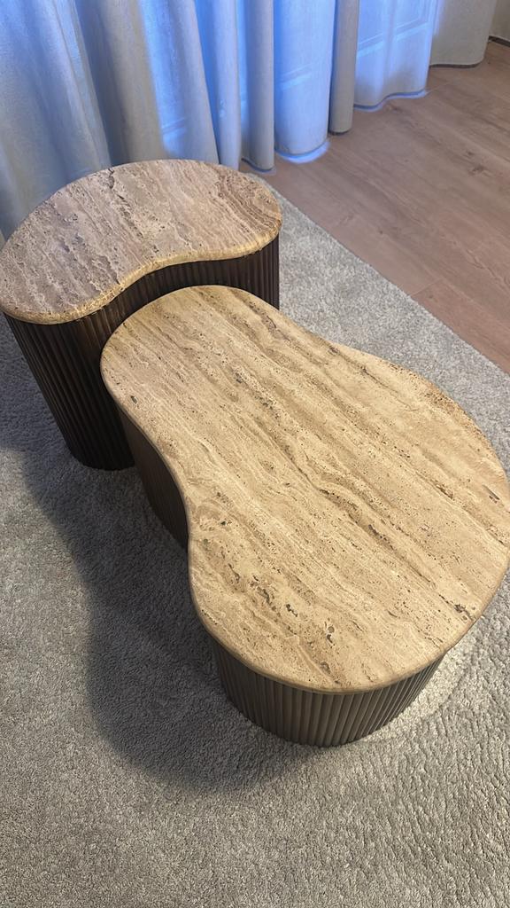Salontafel mangohout - travertin (2 stuks), Huis en Inrichting, Ophalen, Zo goed als nieuw
