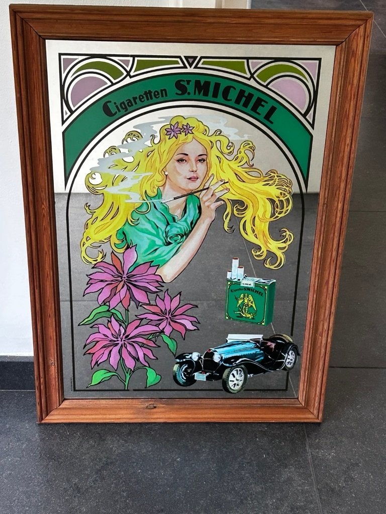 Vintage St. Michel reclamespiegel in houten kader, Verzamelen, Ophalen, Zo goed als nieuw, Reclamebord
