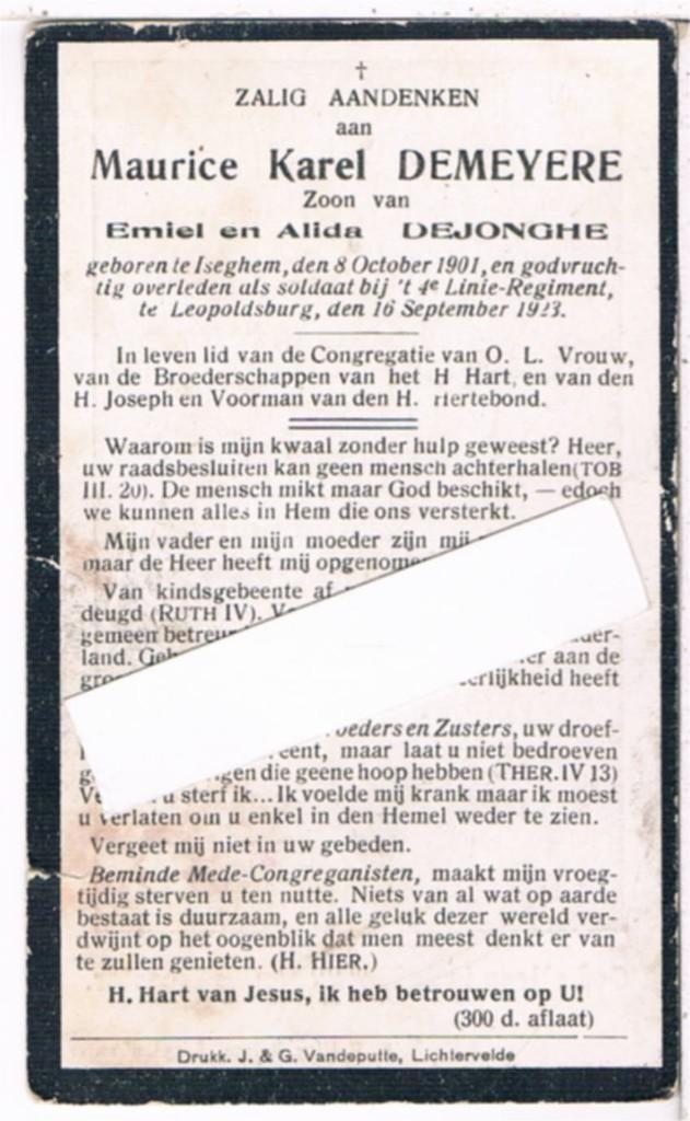 Soldaat. Demeyere Maurice. ° Iseghem 1901 † Leopolsburg 1923, Verzamelen, Bidprentjes en Rouwkaarten, Ophalen of Verzenden, Bidprentje