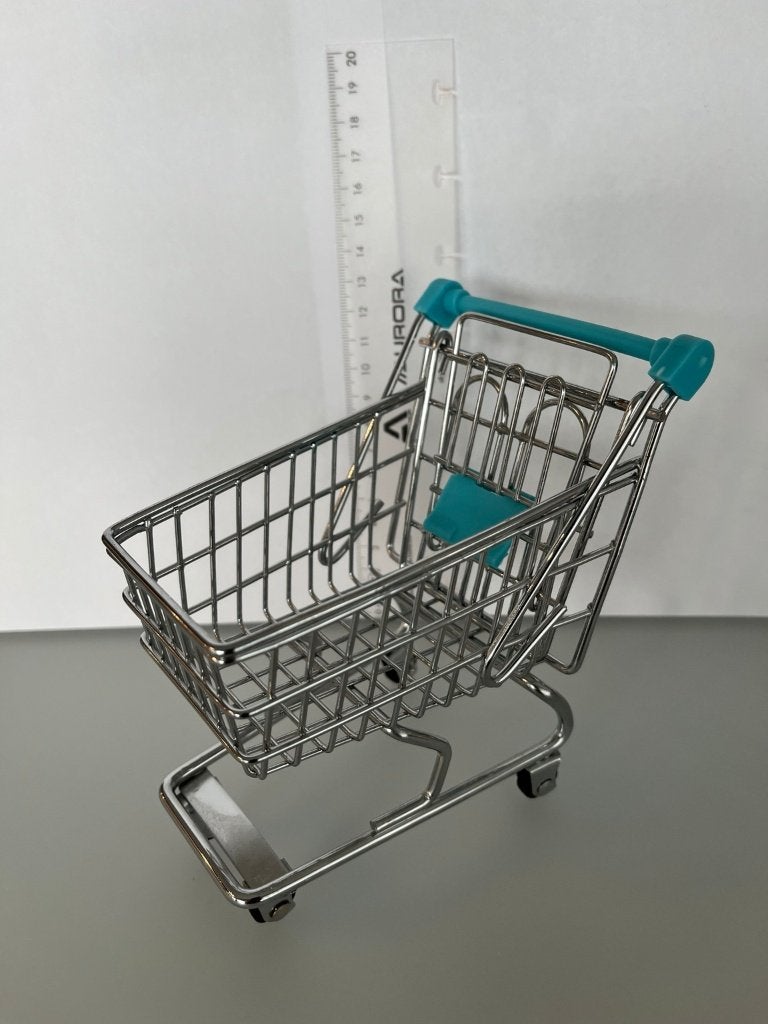 Miniatuur metalen winkelwagen 13 cm – turquoise, Kinderen en Baby's, Ophalen of Verzenden, Zo goed als nieuw, Jongen of Meisje