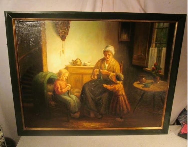 Belle œuvre peinte ancienne « Mère et enfants » - signée, Portrait ou Personnes, Enlèvement ou Envoi, Panneau, Signé