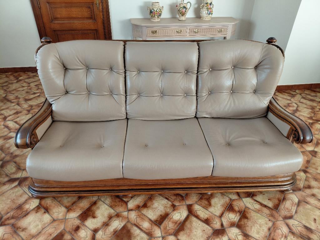 Lederen salon (3-zit en 2x 1-zit) + massief eiken salontafel, Ophalen, Gebruikt, Rechte bank, Leer