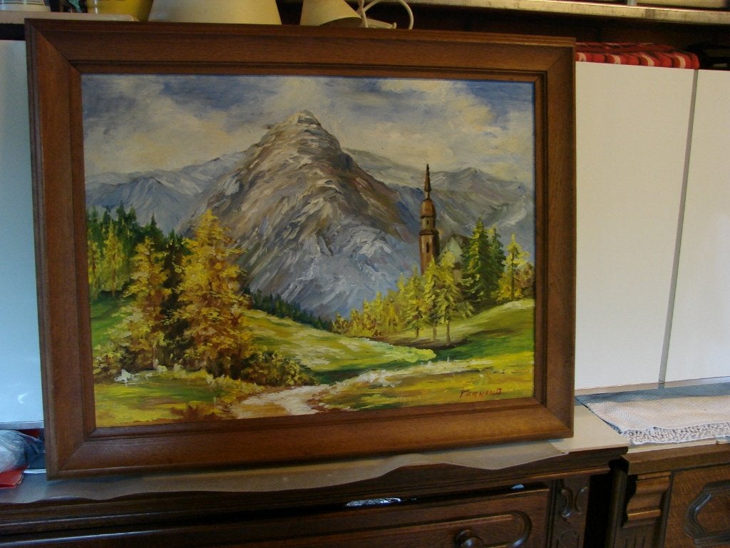 antiek: schilderij: bergzicht gesigneerd, Antiquités & Art, Signé, Peinture à l'huile, Paysage, Enlèvement