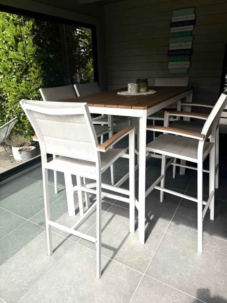 Hoge tuintafel met 6 stoelen, Ophalen, Zo goed als nieuw, Aluminium