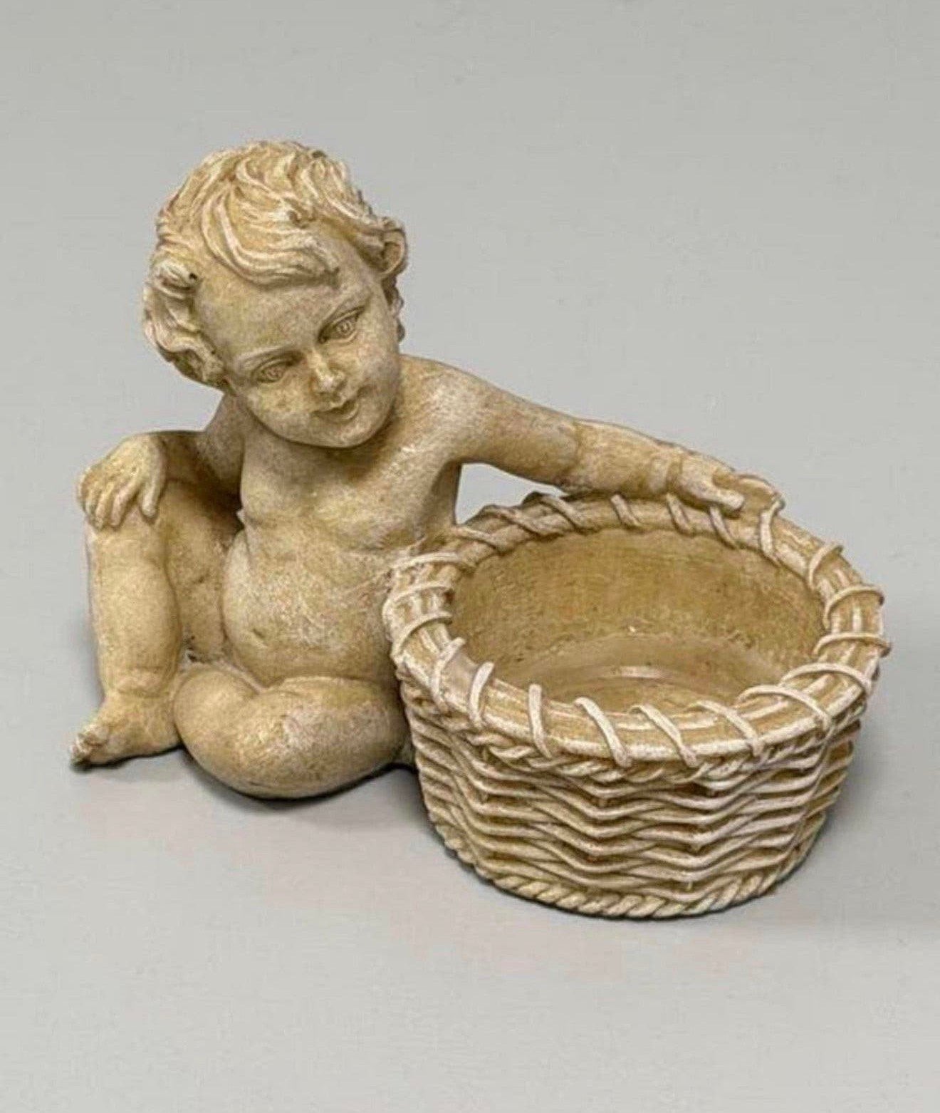 Vintage engel baby beeldje met mand | decoratief schaaltje, Ophalen of Verzenden, Zo goed als nieuw, Beeld(je), Christendom | Katholiek