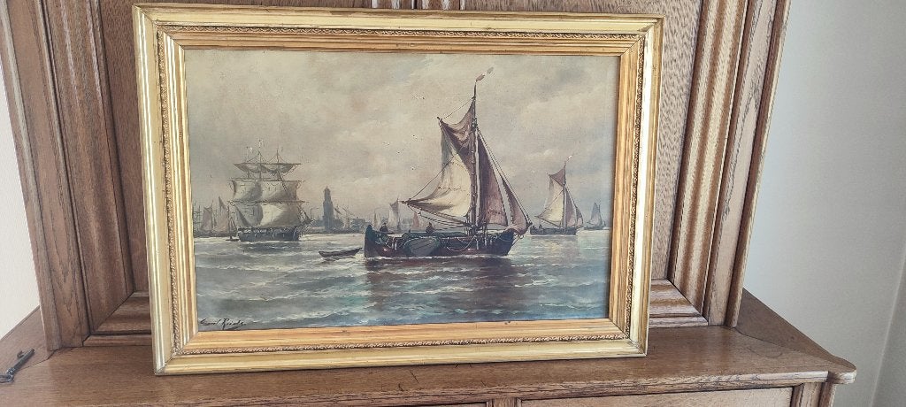 Prachtig oud marineschilderij olieverf op linnen, Antiek en Kunst, Kunst | Schilderijen | Klassiek, Ophalen, Maritiem / water