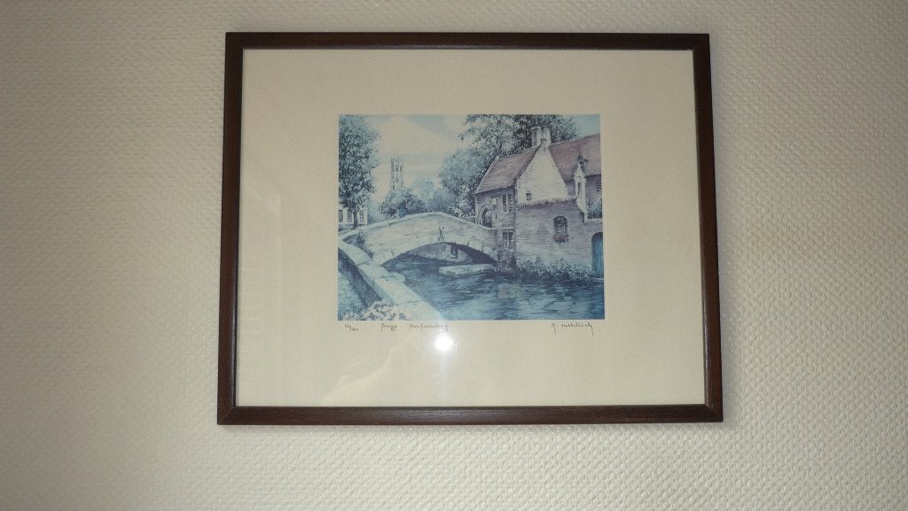 Handgekleurde ets R.Hebbelinck  Bonifacuisbrug Brugge 43/300, Antiek en Kunst, Ophalen, Ets, Stadsgezicht, 47 cm