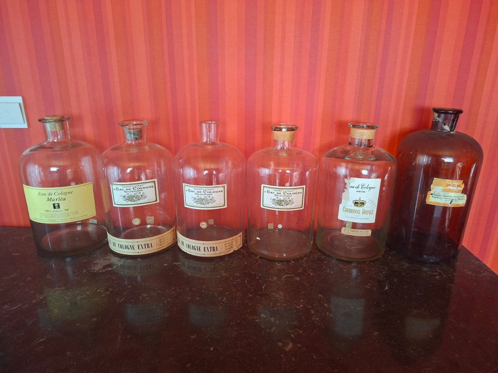 Prachtige set antieke Eau de Cologne & Apothekersflessen, Ophalen, Gebruikt