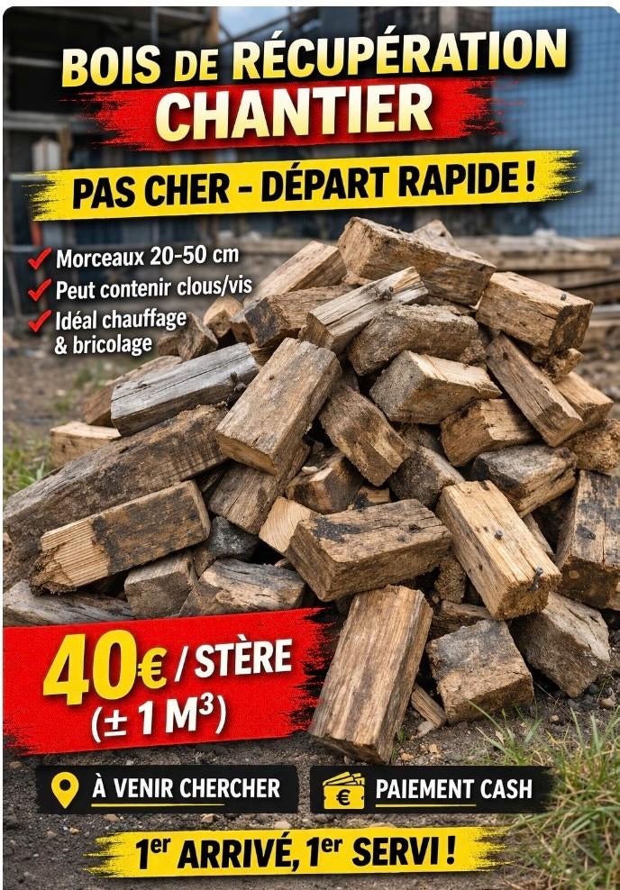 Bois de chauffage récup chantier – pas cher 40€/m3, 6 m³ of meer, Ophalen, Overige houtsoorten, Blokken