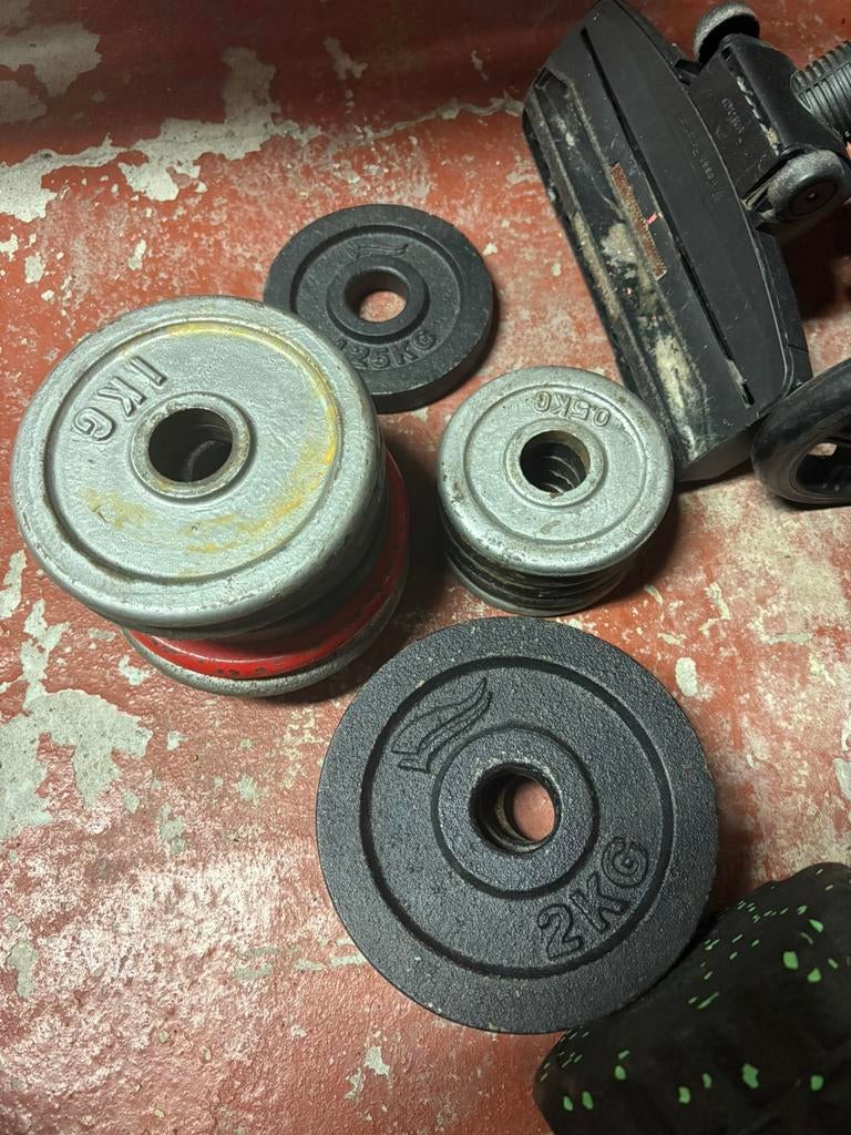 HALTERSET – HALTERSCHIJVEN + 4 STANGEN (HOME GYM), Ophalen, Gebruikt, Halterschijven