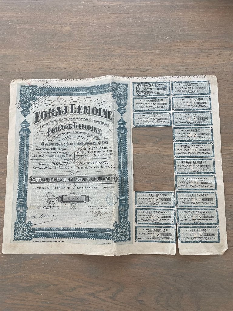 Aandeelcertificaten Foraj Lemoine, Ophalen of Verzenden, 1920 tot 1950, Certificaat van aandeel