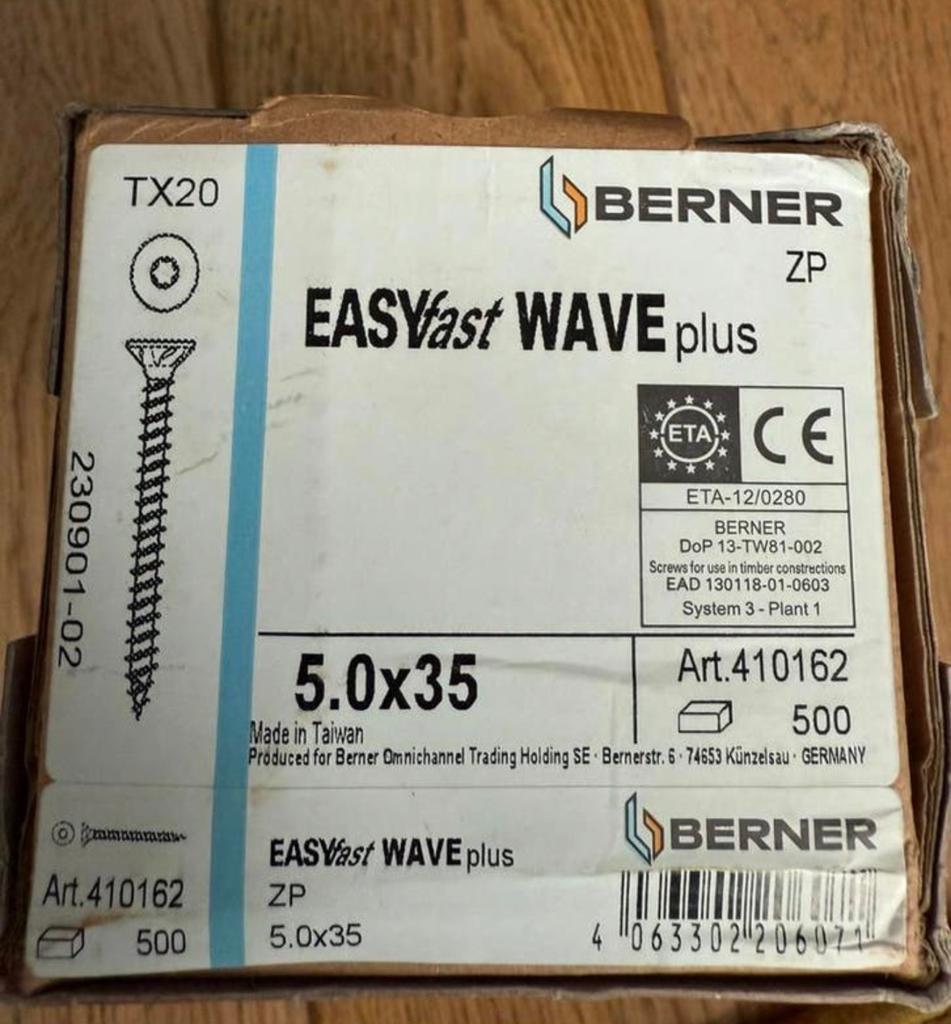 500 vis en carton gris Berner EasyFast WAVE TX20 3,5X50, Bricolage & Construction, Quincaillerie & Fixations, Enlèvement ou Envoi