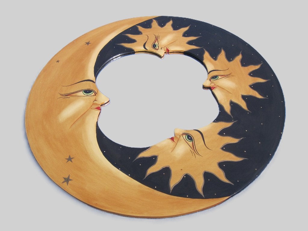 Retro grote reliefspiegel zon / maan in hout., Enlèvement