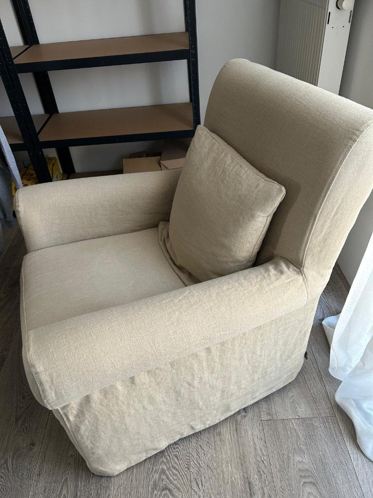 Flamant fauteuil / zetel – beige linnenlook, Huis en Inrichting, Zetels | Zetels, Zo goed als nieuw, Rechte bank, Eenpersoons