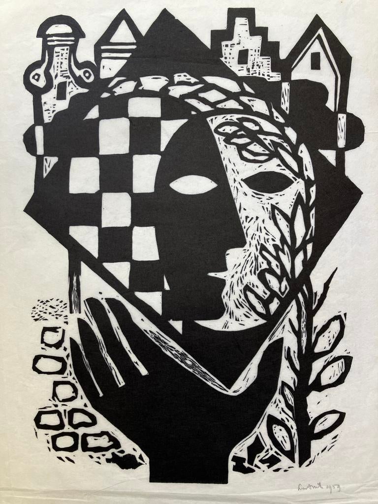Houtsnede Lou Strik (1921-2001), Antiek en Kunst, Kunst | Etsen en Gravures, Ophalen, Houtsnede