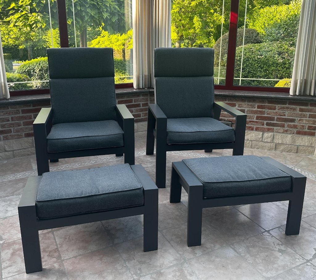 2x Luxe lounge stoelen + 2x voetenbankjes met kussens, Ophalen, Zo goed als nieuw, Aluminium