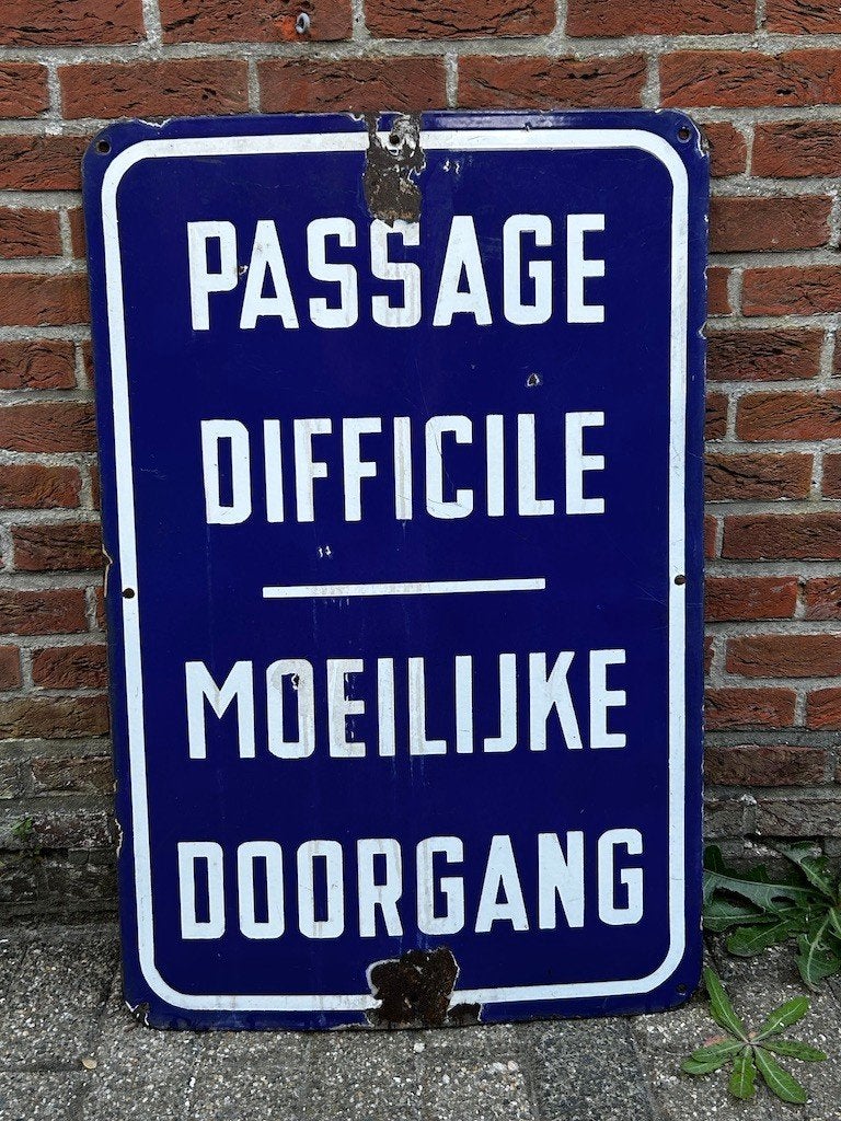 Vintage emaillebord, waarschuwingsbord, Moeilijke doorgang, Ophalen of Verzenden, Gebruikt, Overige typen