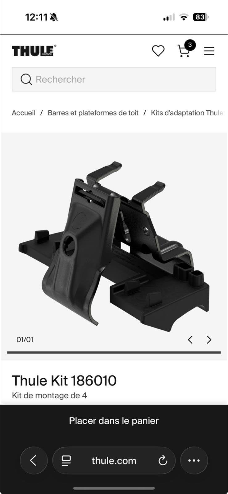 Thule kit 186010 barre de toit v60,v90,xc40, Enlèvement ou Envoi, Comme neuf
