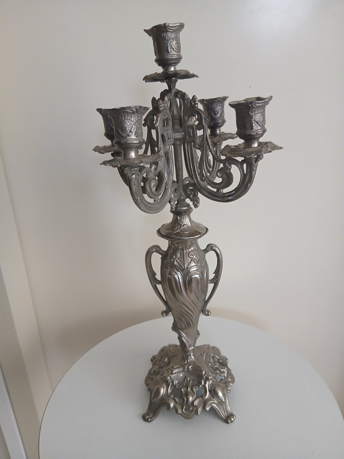 Grand candélabre vintage 5 branches style baroque, Enlèvement ou Envoi, Argent