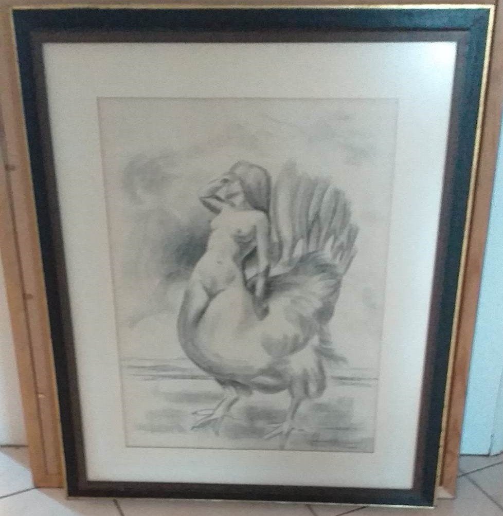 Unieke kunsttekening kip met vrouwentorso, Antiquités & Art, Art | Peinture | Classique, Autres sujets, Surréalisme, Encadré, Enlèvement
