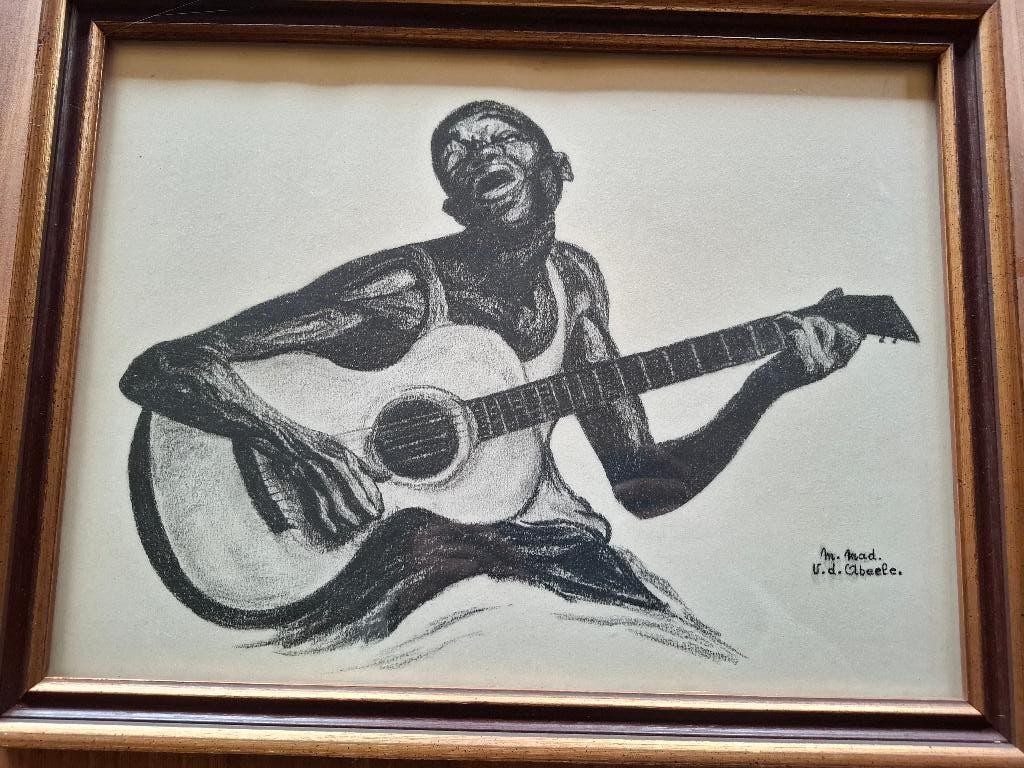 M. VD ABEELE - blues houtskool kunstwerk, Antiek en Kunst, Ophalen
