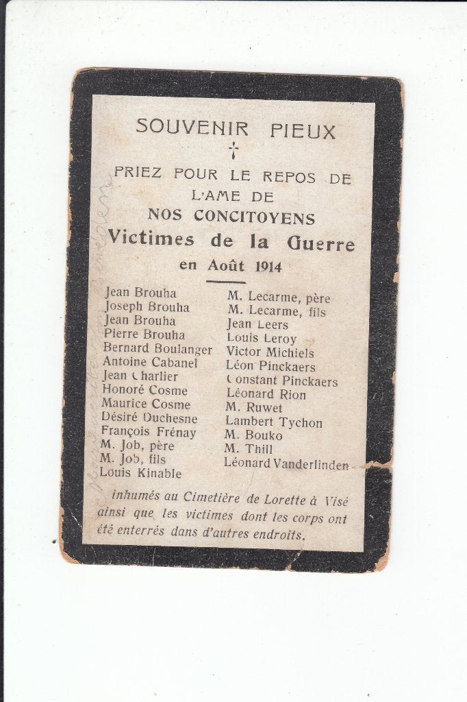 14-18 WO I - slachtoffers van de gemeente Visé (Wezet) 1914, Verzamelen, Bidprentjes en Rouwkaarten, Verzenden, Bidprentje