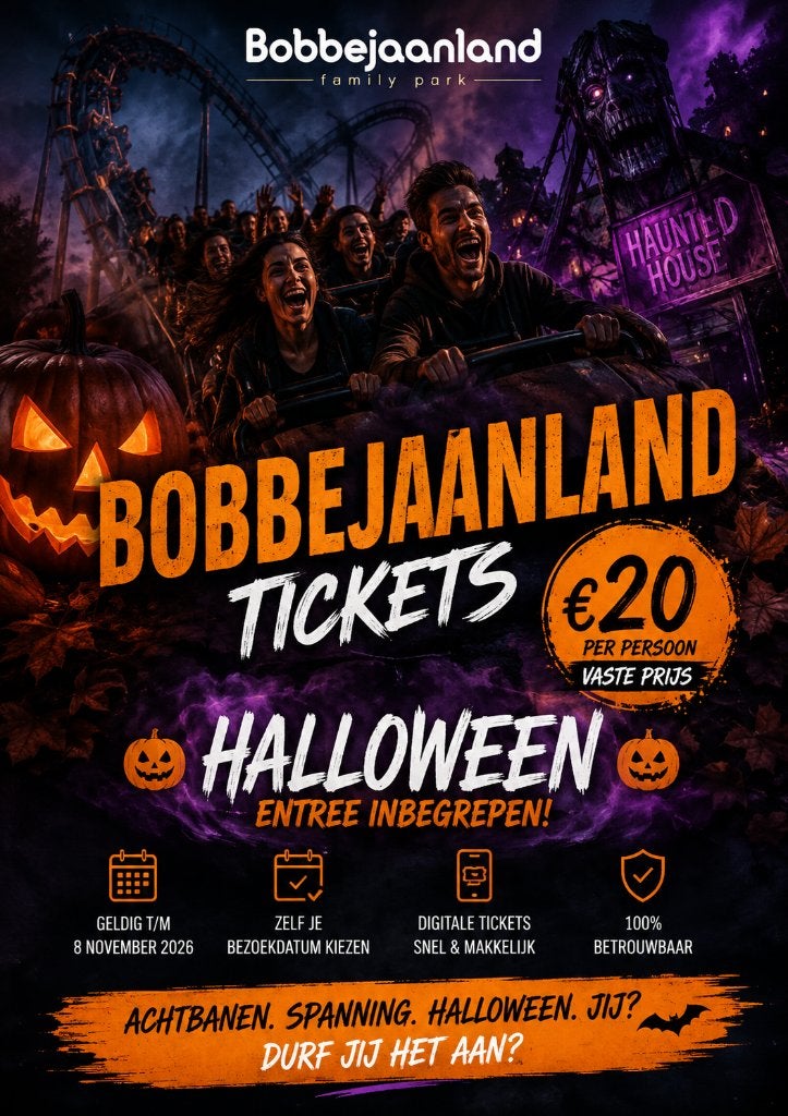 BOBBEJAANLAND TICKETS INCL HALLOWEEN ENTREE, Tickets en Kaartjes, Recreatie | Pretparken en Attractieparken, Drie personen of meer