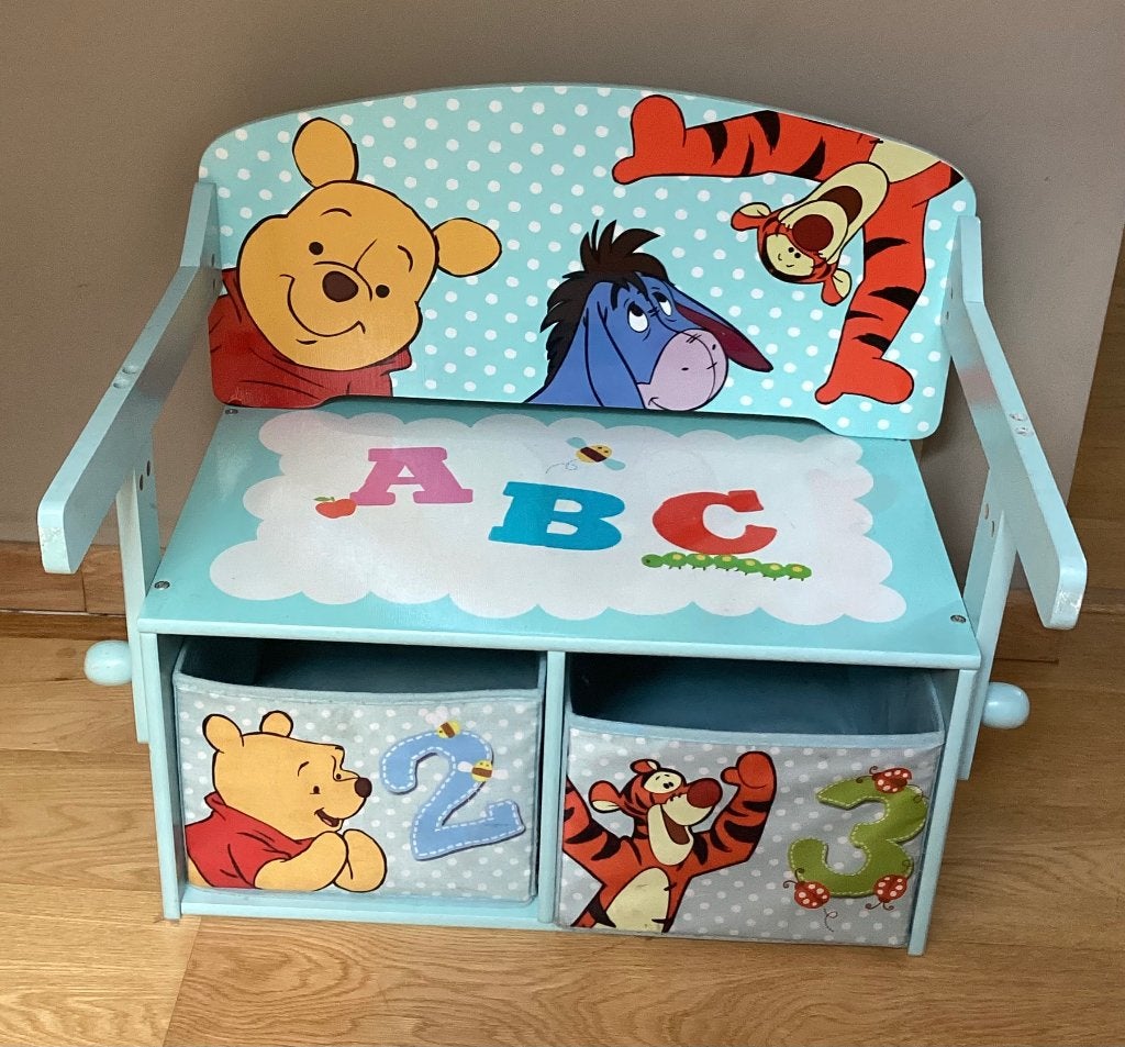 Banc et bureau d’enfant convertible + 2 bacs rangement tissu, Maison & Meubles, Enlèvement, Utilisé
