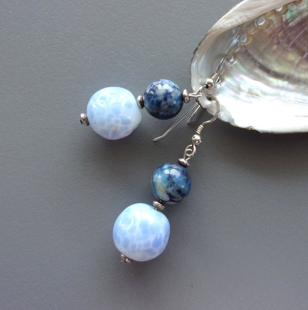 Boucles d'oreilles en jaspe bleu, opaline et argent 925, Neuf, Enlèvement ou Envoi, Avec pierre précieuse, Bleu