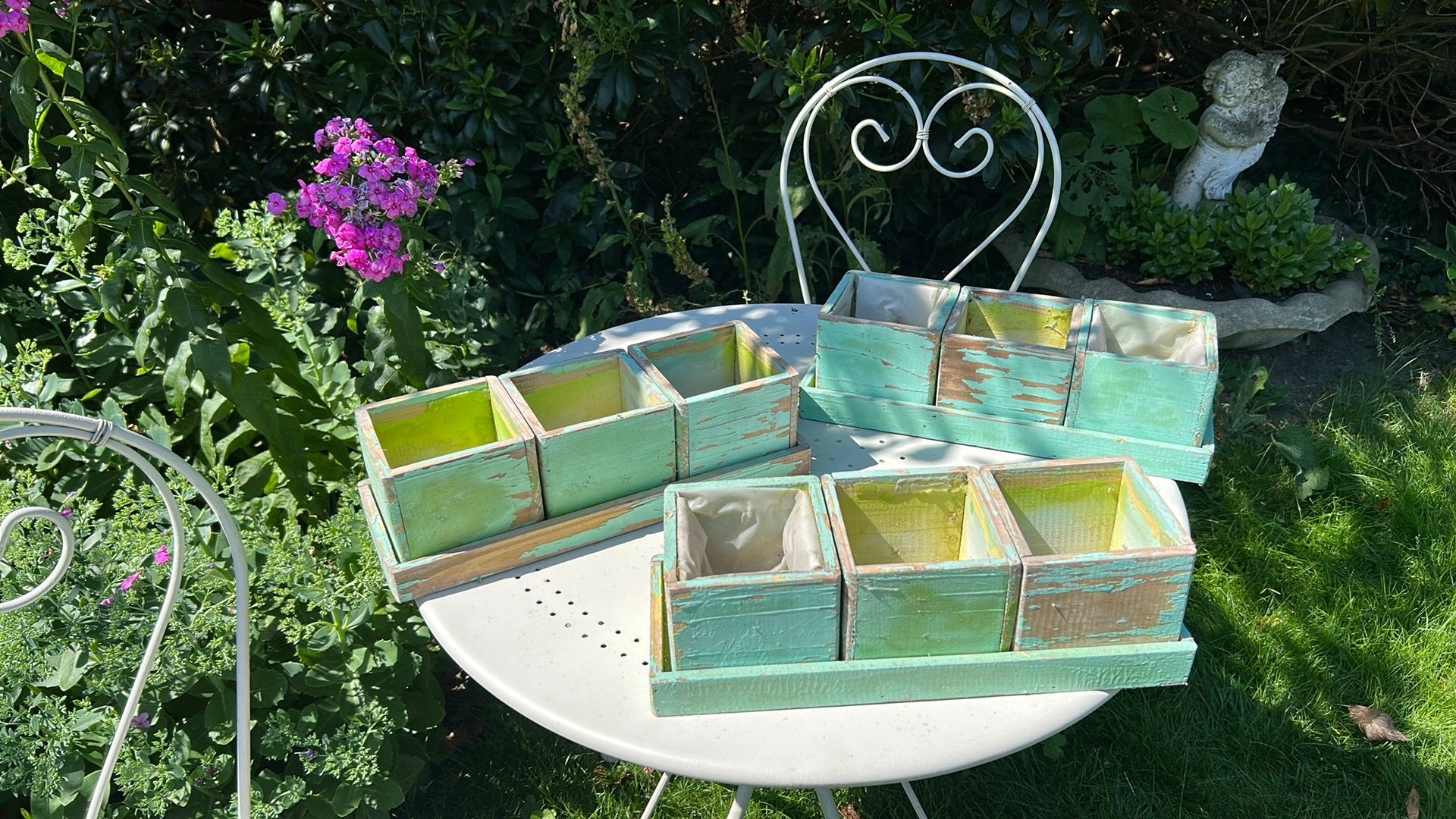 Gratis 9 houten bloempotjes, Tuin en Terras, Bloempotten, Ophalen, Overige materialen, Gebruikt, Vierkant
