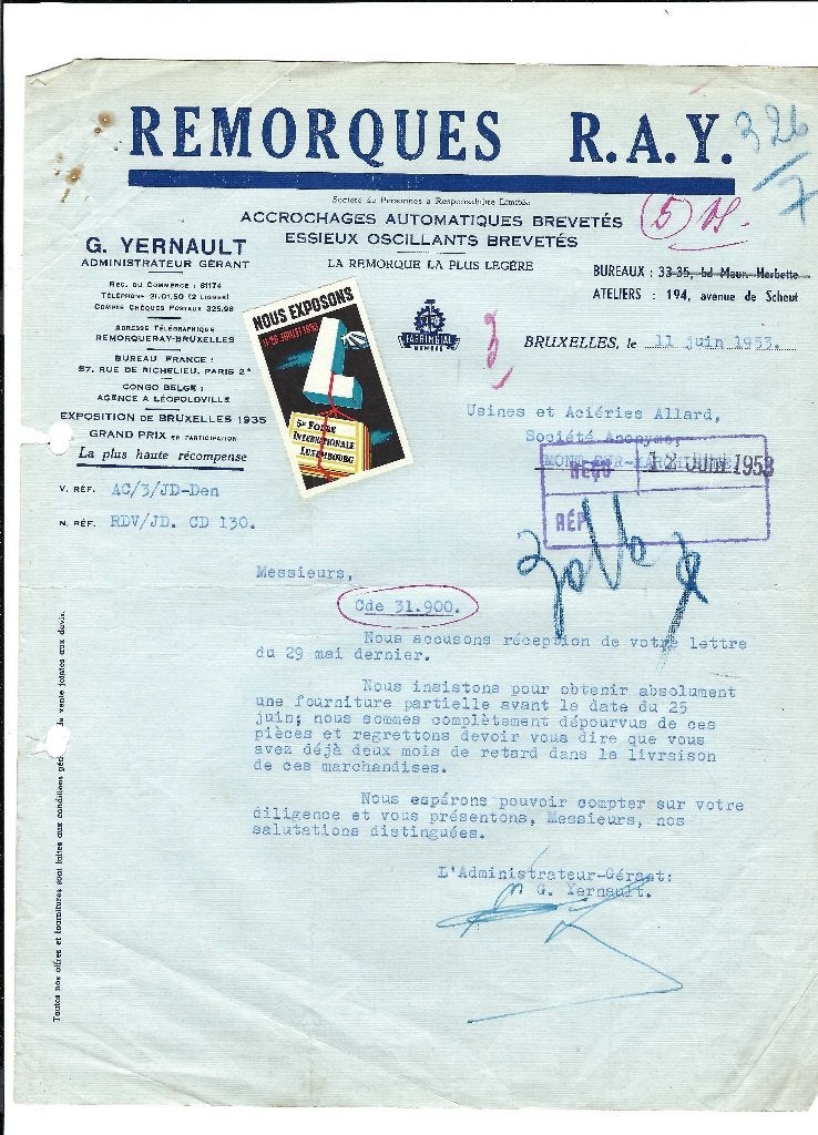 Ancien courrier 1953, Enlèvement ou Envoi