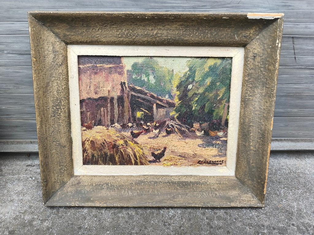Huile sur panneau basse cour signe Piet volckaert, Enlèvement ou Envoi