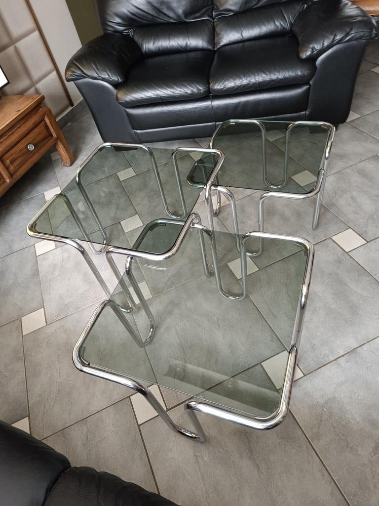 Trio de tables basses italiennes vintage métal et verre fumé, Enlèvement ou Envoi, Métal