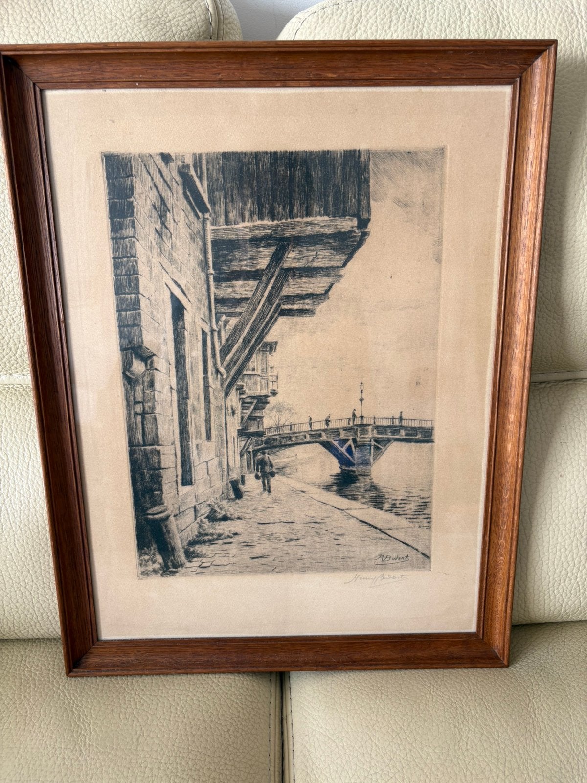 Ancienne gravure signée H. Bodart –Vue de Namur Pont et quai, Antiek en Kunst, Ophalen, Print, Prent, Met ophangsysteem