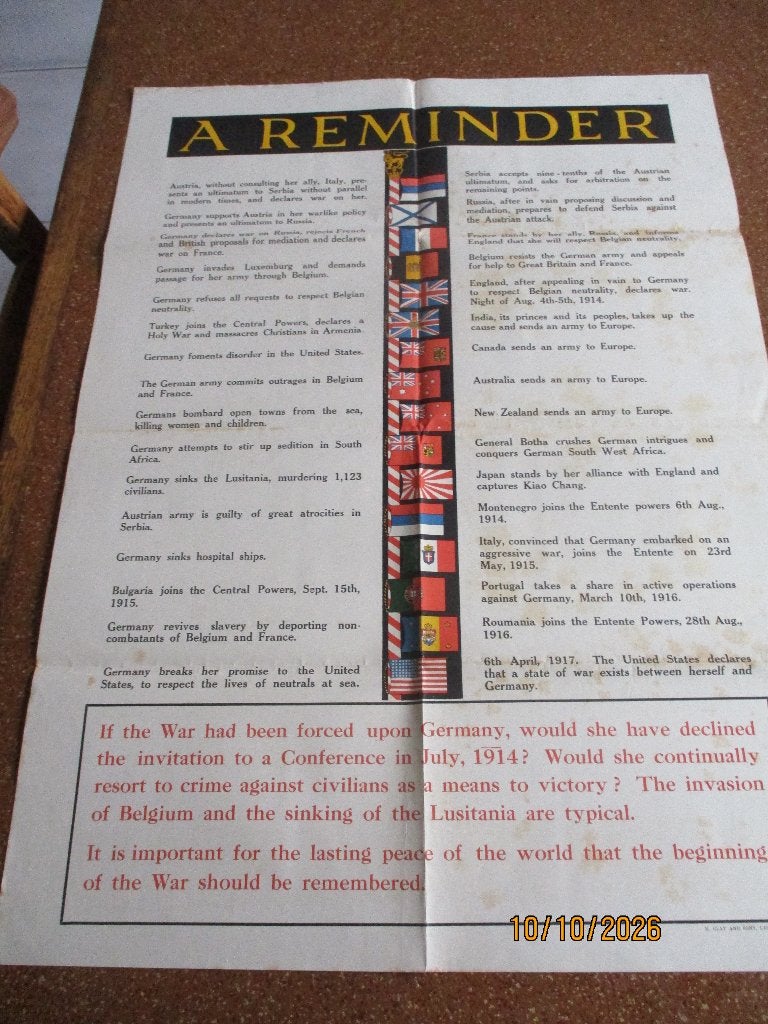 WO1: Britse affiche  A Reminder, Ophalen of Verzenden