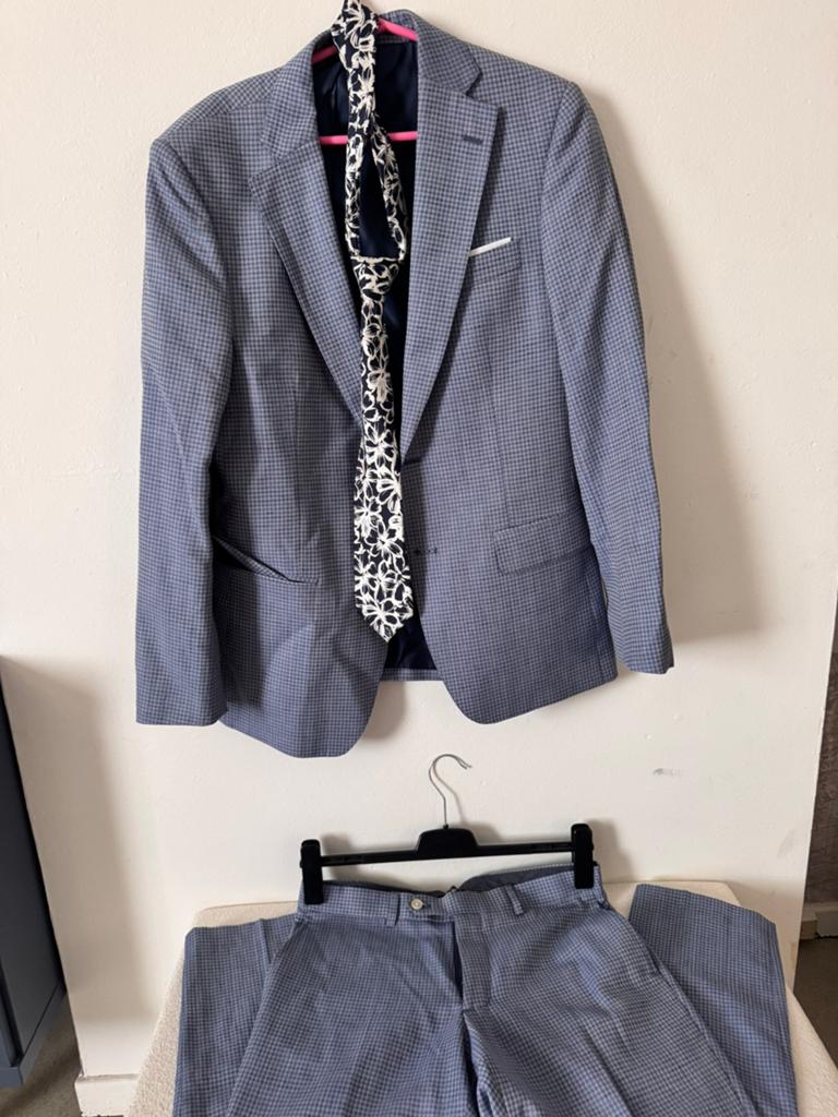 Van Gils slim fit kostuum – lichtblauw micro pied-de-poule, Enlèvement, Porté, Taille 48/50 (M), Autres couleurs
