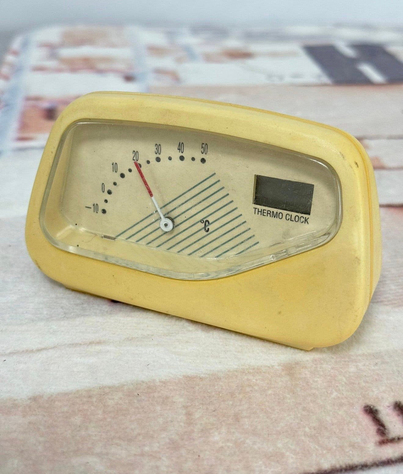 Retro vintage Thermometer thermo-clock klok geel 11x7cm, Ophalen of Verzenden, Huis en Inrichting