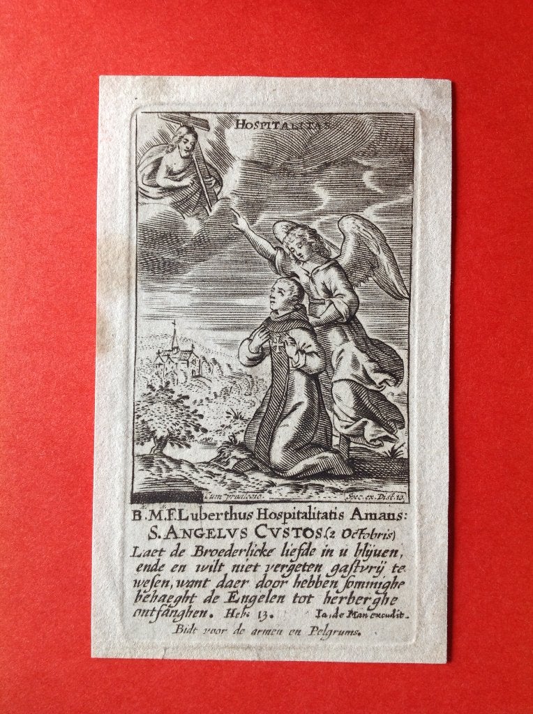 17e Gravure Engelbewaarder gesign Ia. De Man, 10 cm, Origineel, Religie, Ophalen of Verzenden