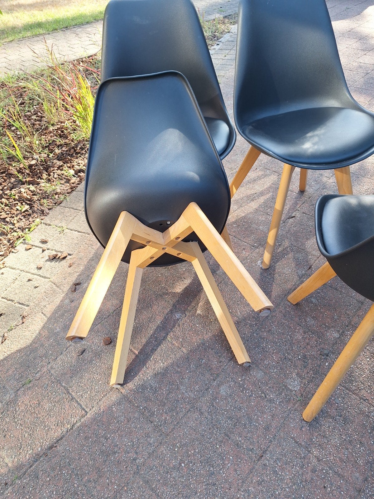 6 keukenstoelen donket bruin, houten poten, kunstleder zitti, Ophalen, Kunststof, Gebruikt, Bruin