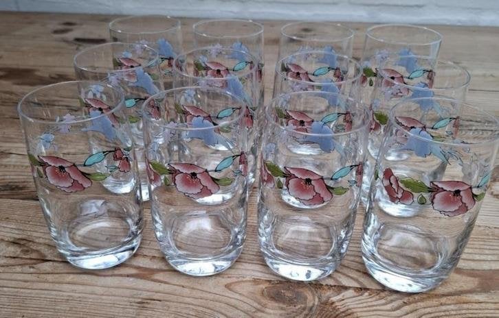 12 Vintage drinkglazen Luminarc, klaprozen en bloemen, Ophalen of Verzenden