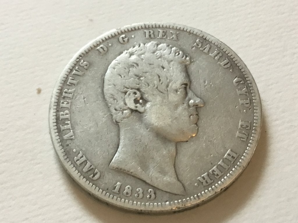 5 lire 1833 Carlo Alberto zilver, Ophalen of Verzenden, Italië, Zilver
